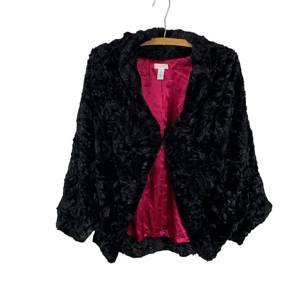 Chico's Velvet Cocoon Victoria Black Faux Fur Dolman Sleeve Jacket -Size 1 (M/8)